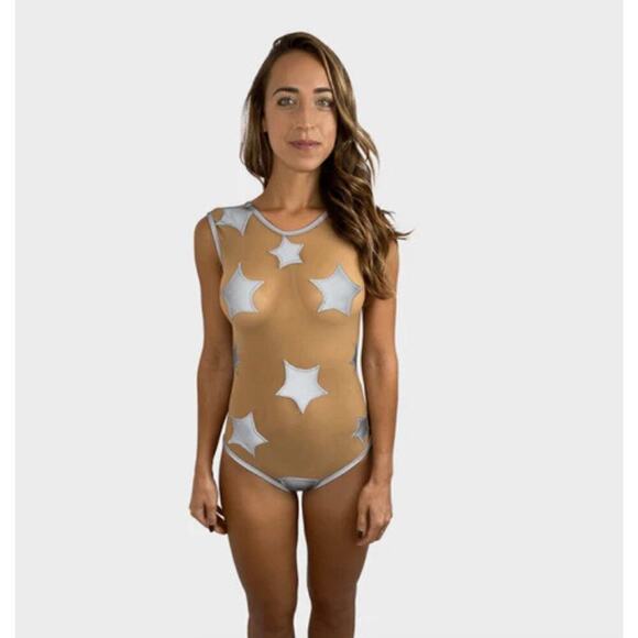 🦋B2G1🦋NEVANUDE Reflective Star Struck Stars Nude Mesh One Piece Bodysuit - Picture 2 of 7